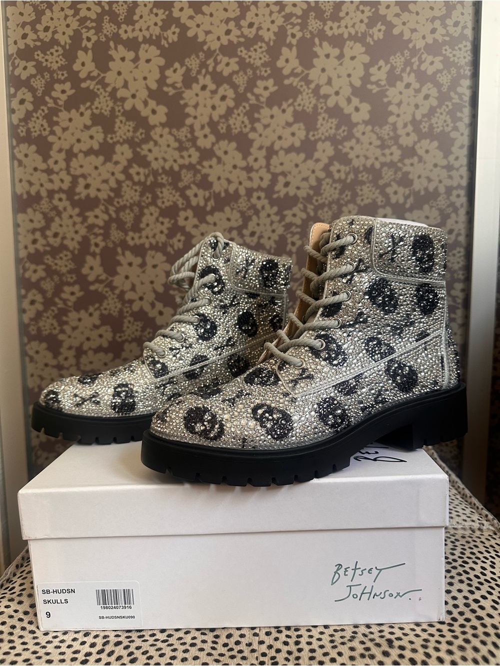Betsey Johnson Silver Crystal Skull Lace-Up Combat Boots